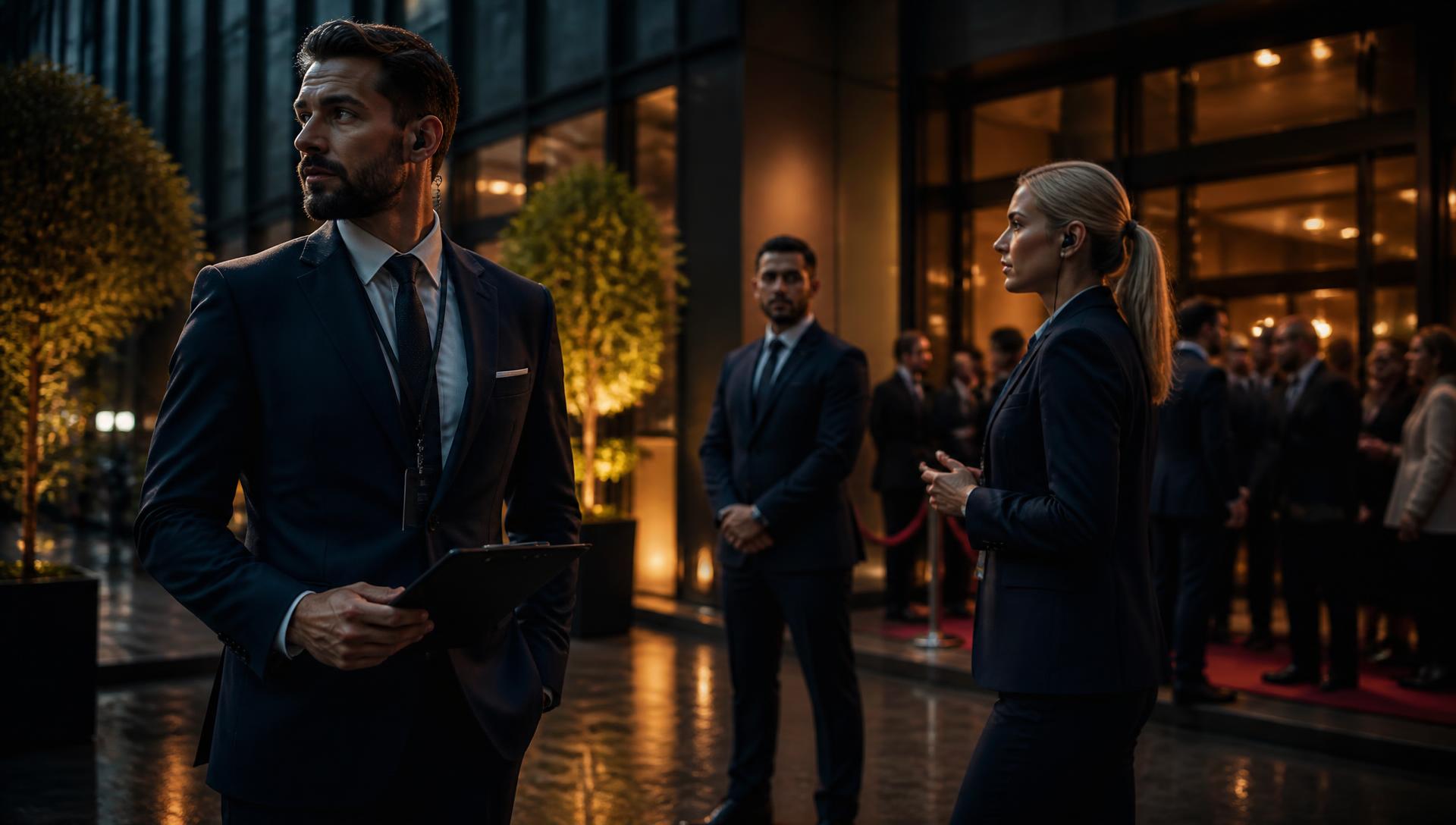 Security professionals in business attire coordinating access at an evening corporate event